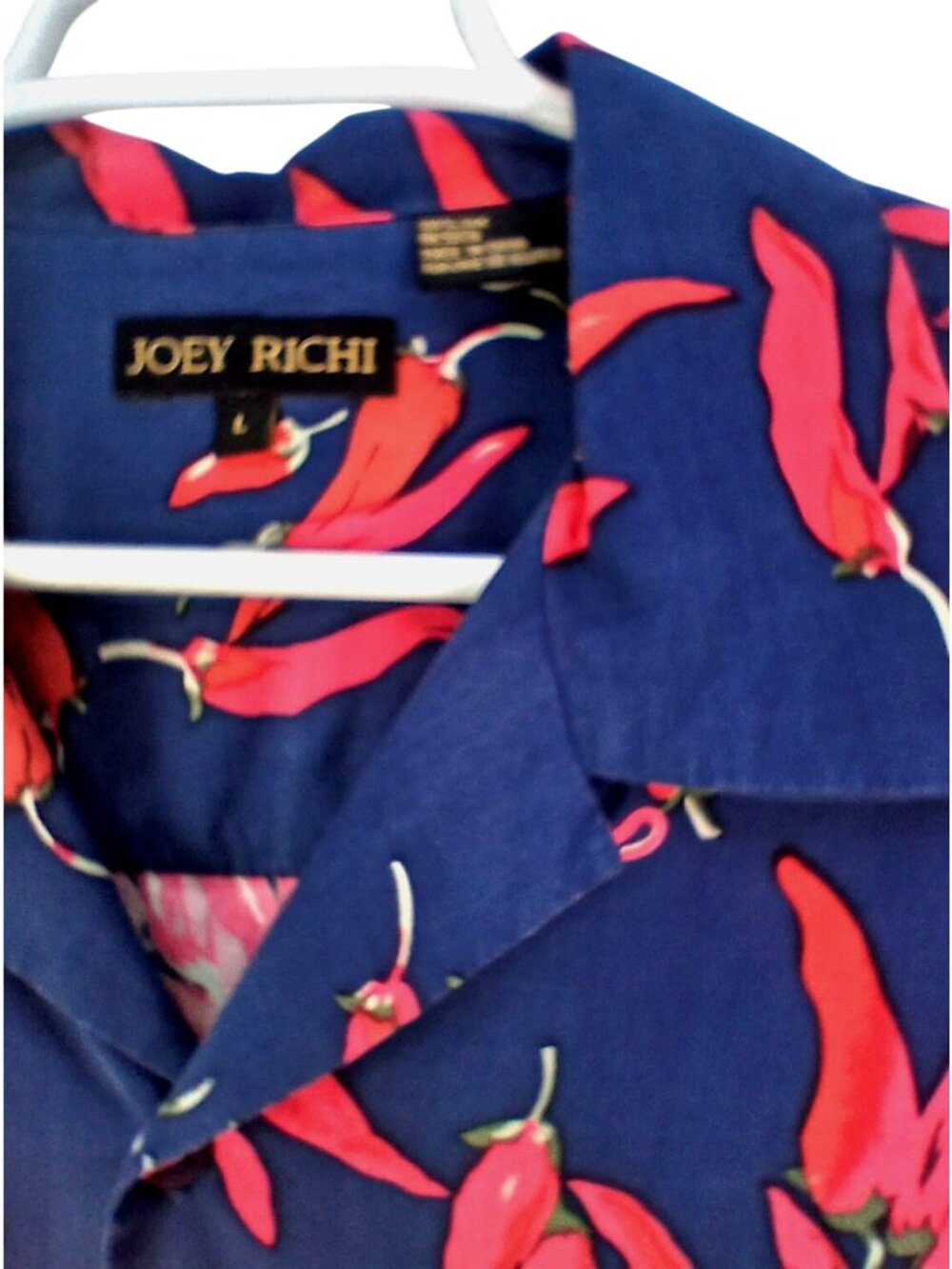 Vintage Joey Richi Mens Silk Chili Pepper Print Button Up Shirt Size L Blue Red - Picture 8 of 14